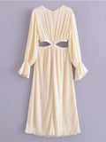 Women Sexy Cut Out Pleated Dress Vintage Long Sleeve O Neck Female Casual Chiffon Dress Midi Vestido