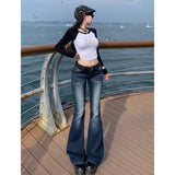 DERMEARNE Y2K Slim Fit High Waist Casual Womens Jeans Retro Denim Pants Low Rise Flared Trousers Long Bootcut Drag Autumn for Women