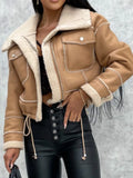 Women Vintage Faux Fur Leather Jacket Faux Fur Open Front Fashion Casual Furry Collar Short Parka Coat Warm Cardigan with Belt