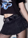 Harajuku Y2k Denim Skirt Women Dark Gothic Streetwear Mini Skirt with Skull Belt Mall Goth Punk Grunge Sexy Emo Clubwear