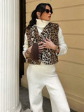Fashion Leopard Print Faux Rabbit Fut Vests Women Autumn V-neck Sleeveless Jackets Y2K Streetwear Covered Button Waistcoat Tops