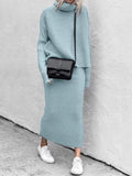 Autumn Winter New Women's Woven Mid Length Skirt Set Solid Color Casual Long Sleeved High Neck Warm Comfortable Sweater