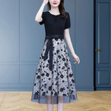 Short Sleeves  Chic Soft Breathable Lady Summer Dress Mid-calf Length Summer Midi Dress Flower Printed   Women Attire