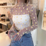 Women Daisy Print Lace Sheer Tops Sexy Tees Long Sleeve Thin Mesh Shirts Fashion Ladies Top Summer Sunscreen Blouse Blusas