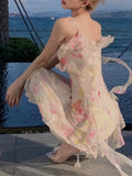 Dermearne French Elegant Floral Party Dress Women Casual Sweet Slim Midi Dress 2024 Summer Vacation Beach Style Strap Dress Korean Fashion