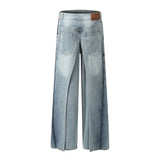 Hi Street Blue Irregular Patchwork Jeans Pants Baggy Straight Casual Denim Trousers For Male