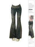 Women's Blue Patchwork Flare Jeans Baggy Harajuku Denim Trousers Y2k Jean Pants Vintage Japanese 2000s Style Trashy Clothes New