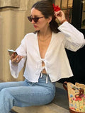 Dermearne Fashion Loose V-neck Lace Up Shirts Women 2024 Spring Summer Elegant Long Sleeve Blouse Female Solid Causal Beach Chic lady Tops