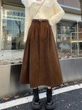 Korean Women's Brown Skirt  Autumn Winter Black High-waisted Corduroy Long Skirt Ladies College Style Pleated A-line Skirts