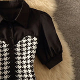 Polo Collar Stitching Houndstooth Shirt Women's Summer Design Sense Niche Pure Desire Sweet Hot Girl Short Puff Sleeve Top