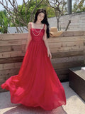 Summer Ladies Solid Sexy Pleated Slip Dress Holiday Party Long Dress Women Bodycon Elegant Backless Sundress Boho Red Chiffon