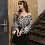 Women Loose Shirt Sweet Puff Long Sleeves Casual Plaid Chiffon Korean Slash Neck Off-Shoulder Tops Summer Hottie's Tees