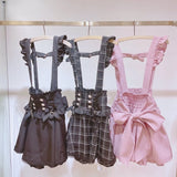 Dermearne Japanese Gothic Lolita Ribbon Bow Diamond Pearl Buckle Removable Short Suspender Skirt Girls Sweet Cute Lace A-Line Mini Skirts