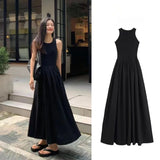 Dermearne New Summer Simple Elegant Black Long Dresses For Women Round Neck Sleeveless High Waist Temperament Female Fashion Style Dress