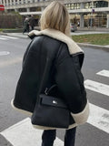Fashion Warm Leather Fur Coat Women  Winter Long Sleeve Chic  Lapels Coats Female Street Black Engine Lady Bike Jacket