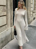 Women Elegant Solid Pleated Knitted Maxi Dress Casual Round Neck Long Sleeve Lace Up Dresses 2024 Autumn Lady High Street Robes