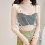 Dermearne  Sexy Women Mesh T-Shirts Transparent Lace Blouse Long Sleeve See Through Tops For Women O Neck Sheer Tees Chiffon Crop Top
