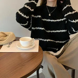Women's Black Stripe Patterned Sweater Ribbed Long Sleeves and Loose Fit Casual Pullover for Autumn Winter 2024