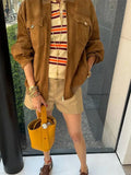 Vintage Brown Buttons Pocket Suede Leather Coats Women Fashion Long Sleeves Short Bomber Jacket Autumn Lady High Street Outwear