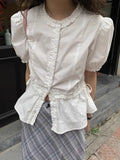 Fairycore White Blouse Women Short Sleeve Slimming Waist Shirts Feminina Ladies Cropped Tops Korean Fashion Chic New