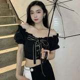 Women Shirt Bow Bandage Slim Sexy Sweet Korean Version Puff Short Sleeves Off Shoulder Exposed Navel Female Blouse