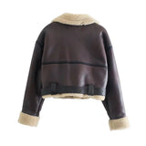 Women Jacket Winter Streetwear Faux Lamb Leather Fur Short Jacket with Belt Moto Biker Thick Warm Coat Outwear
