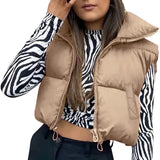 Fall Winter Warm Cropped Vest Jackets for Women Fashion Sleeveless Stand Collar Zip Up Puffer Waistcoat Street Style Outwear