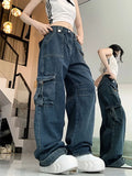 2024 Roupa Y2K Streetwear Vintage Blue Multi Pockets Pleated Baggy Jeans Pants For Women Gothic Clothes New Rock Lady Trousers