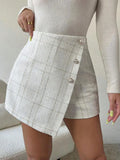 DERMEARNE  New Women's Summer Fashion Elegant A-line Woven Black And White Checkered Irregular Pearl Decorated Trouser Skirt Shorts