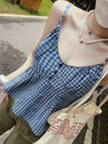 Dermearne Women Vintage Plaid Button Camis Top Cute Preppy Style Sleeveless Lace-up Cotton Tank Tops Female Casual Sweet Summer Vests