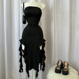 Dermearne Elegant Strapless Sexy Maxi Dress Womens Irregular Tassel Summer Trend Skinny Split Bodycon Birthday Party Clubwear Dresses
