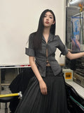 Vintage Sexy Coquette Blouses Women Korean Style Punk Streetwear Striped Print Bandage Hollow Out Slim Shirts 2024 Y2k