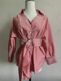 Women Striped Shirts With Belt Casual Tops Autumn Long Sleeve Turn-down Collar Button-up Loose Blouse Casual Oversize Streetwear