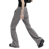 Women Drawstring Straight Leg Pants Vintage Low Rise Striped Print Knitted Lounge Pants Girls Trousers Streetwear