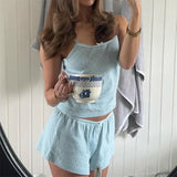 Dermearne Coquette Pajama Sets for Women y2k Lace Trim Sleeveless Knitted Camisole Top with Bow and Shorts Sleepwear Loungewear