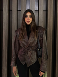 2024 New Vintage Lapel Lace-up Leather Jackets Women Chic Solid Long Sleeves Pockets Short Coats Autumn Lady Fashion Streetwear