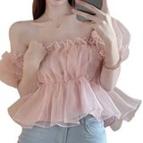 Dermearne Womens Elegant Off The Shoulder Puff hort Sleeve Blouse Summer Chiffon Slim Fit Party Crop Top