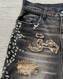 Dermearne Punk high street exquisite rhinestone trendy personalized denim shorts y2k simple raw edge washed high waist sports loose shorts