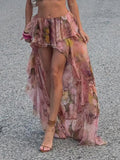 Dermearne Beach Boho Floral Print Chiffon Ruffled Skirt Women Asymmetrical Dipped Hem Pink Romantic Elegant Sexy Vacation Skirts