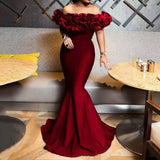 Dermearne Spring New Clothes For Women Ruffles Off The Shoulder Slim Fit Mermaid Dress Solid Color Elegant Evening Party Long Dresses