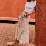 White Lace Maxi Skirt Women Sexy See Through Beach Bikini Cover Up Skirts Summer Casual Loose High Waist Holiday Skirt 2024