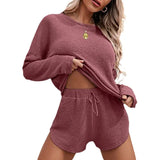 Women's Solid Pajamas Set Long Sleeve Round Neck Top And Shorts Sleepwear 2 Piece Set For Women Casual Homewear Sport Suit