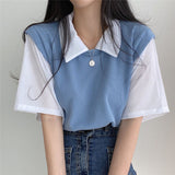 Yasuk Spring Summer Casual Polo T-Shirt Female Pullover Women's Loose Tees Top Fake Two Piece Suit Student Preppy Style