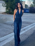 Denim Jumpsuit V Neck Zipper Bell Sleeveless Sexy Outifts Elegant Backpacker  Party Summer