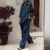 Fashion Loose Cotton Linen Trousers Green Sets Women's 2024 Spring Autumn Lapel Shirt Solid Pocket Wide Leg Pants Two Piece Sets