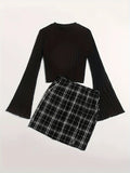 Casual Colorblock Two-piece Skirt Set Ribbed Crew Neck Long Sleeve Top & Plaid Skirts Women's Clothing