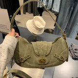 Y2k Vintage Shoulder Bag American Street Style Rivets Green Canvas Handbag Gothic Punk Biker Cool Designers Underarm Bag Handbag
