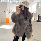 Winter Women's Leather Jacket With Real Fox Fur Collar Trim Natural Rabbit Skin With Rabbit Fur Coats Short Style Female