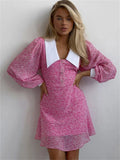 V-Neck Printed Fashion Mini Dress For Women Slim High Waist Long Sleeve Party Dress Backless Casual Women's Dress Summer