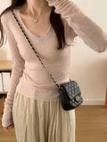 Spring and Autumn New Pink V-neck Slim Fit Knitted Thin Solid Sexy Long Sleeve Pullover T-shirt 6 Colors Tight Women's Top